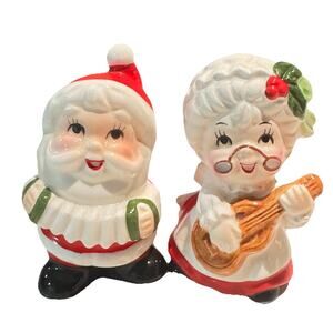 Vtg Kistch Christmas Mr. Mrs. Sant Claus Salt & Pepper Shakers Accordion